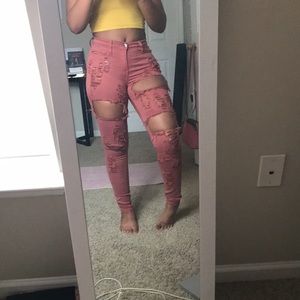 High waisted pink distressed jeans byfashion nova